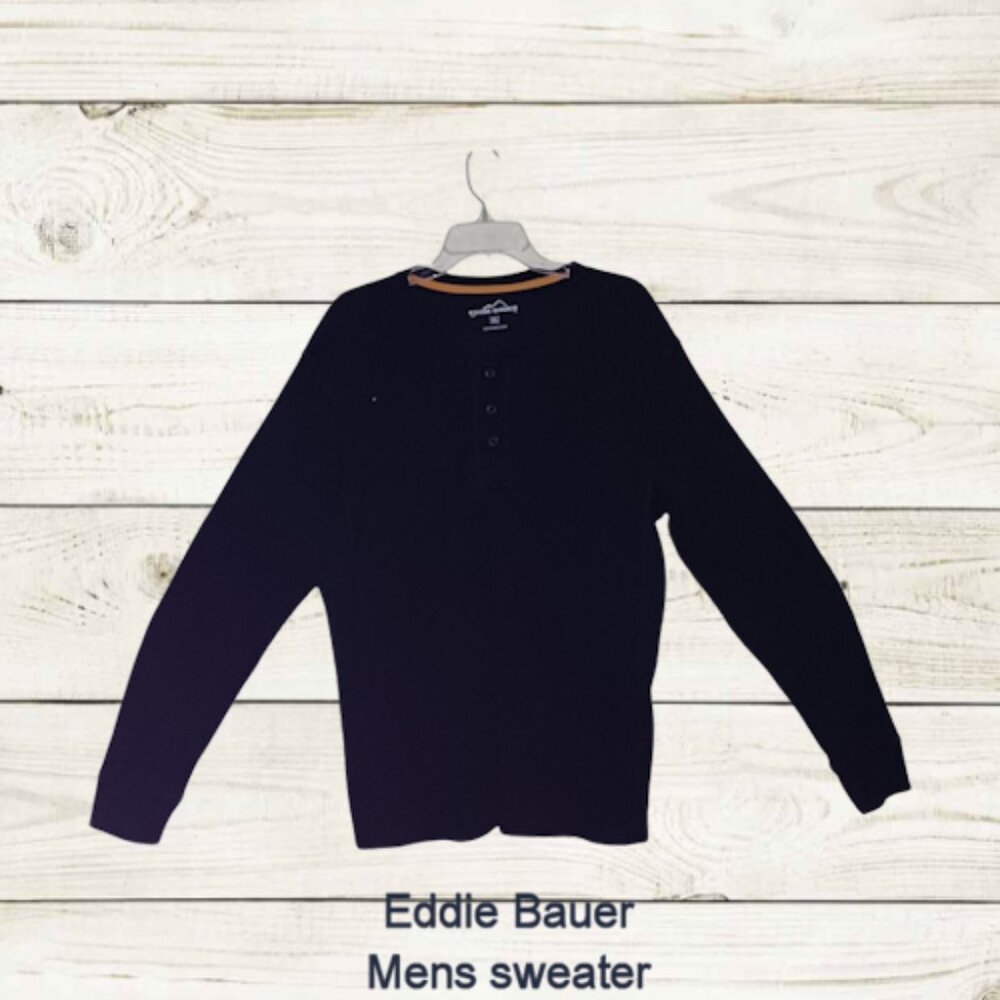 Eddie Bauer Sz XL Mens Collarless 3 Button Sweater Long Sleeve Black